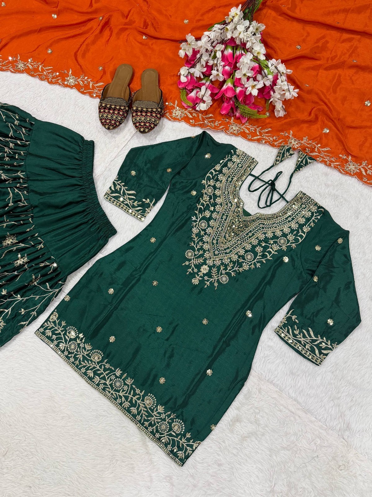 Heavy Chinnon Silk Green Top Dhoti With Dupatta For Women/Girls Wear