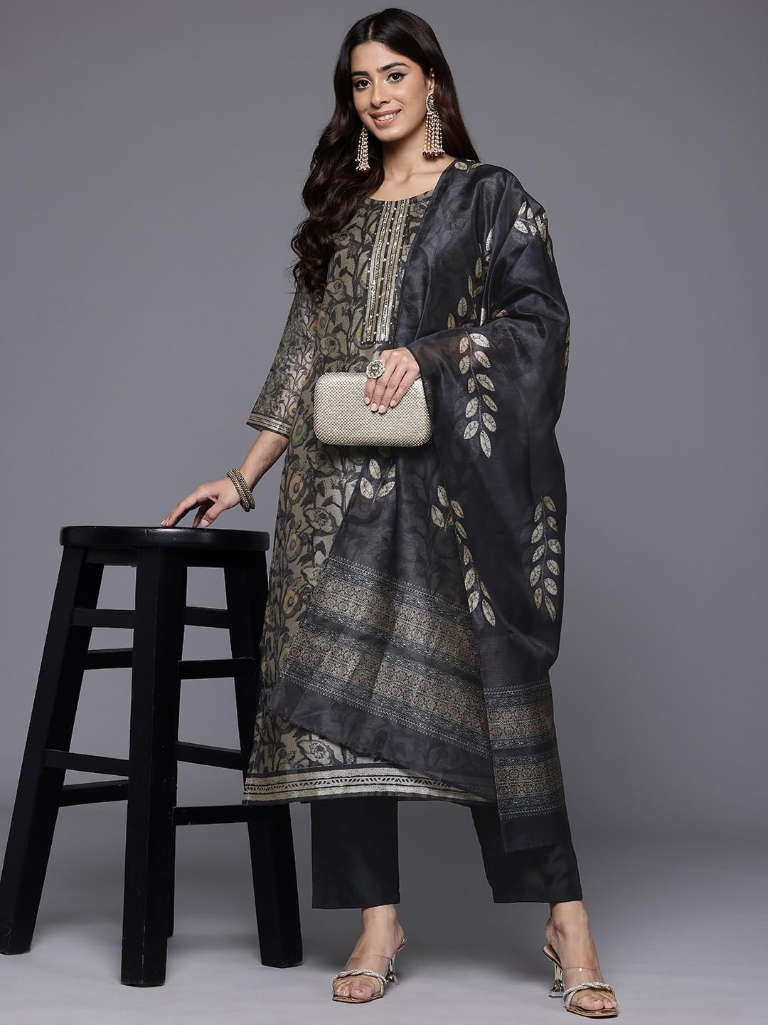 Women’s Silk Blend Floral Printed Kurta Set with Bottom and Printed Dupatta