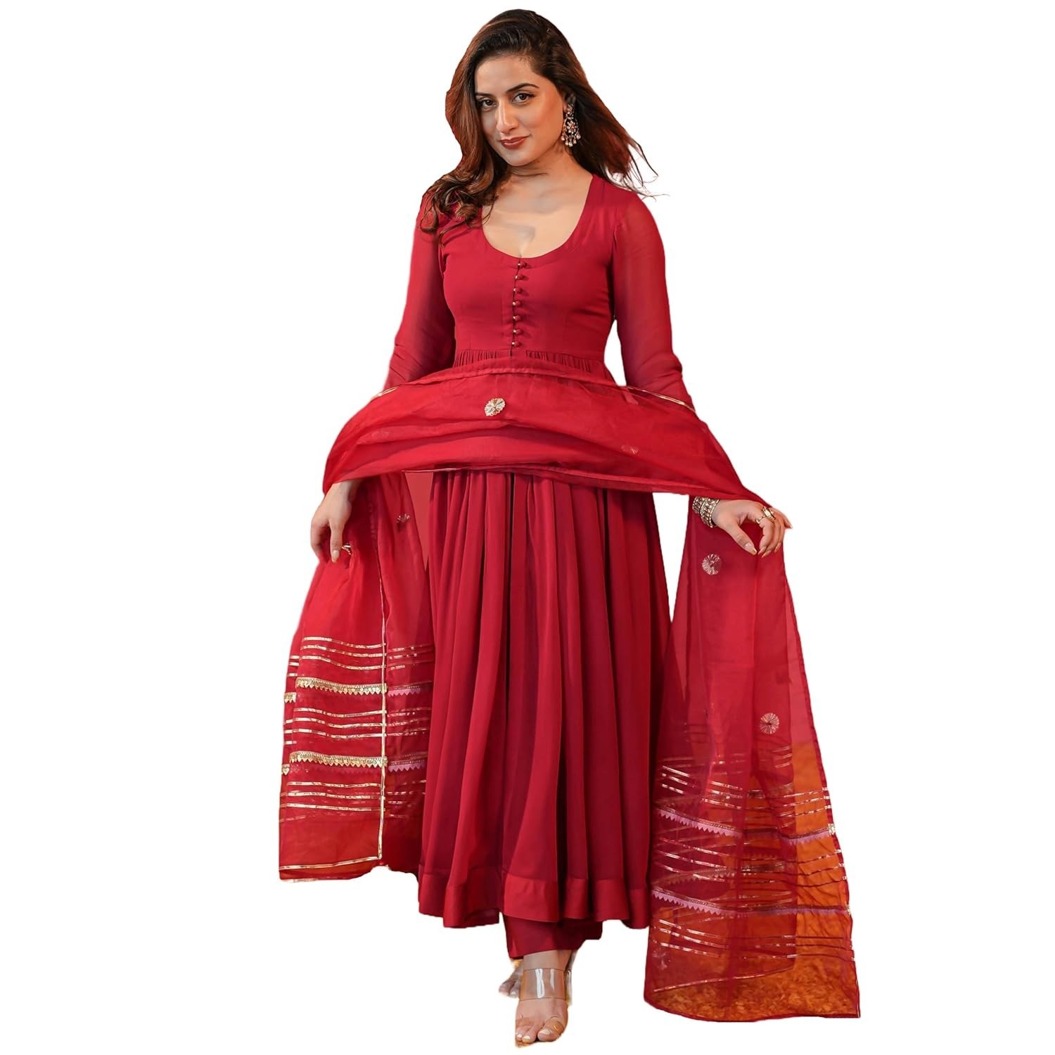 Women’s Rayon Blend Anarkali Solid Kurta with Pant & Dupatta