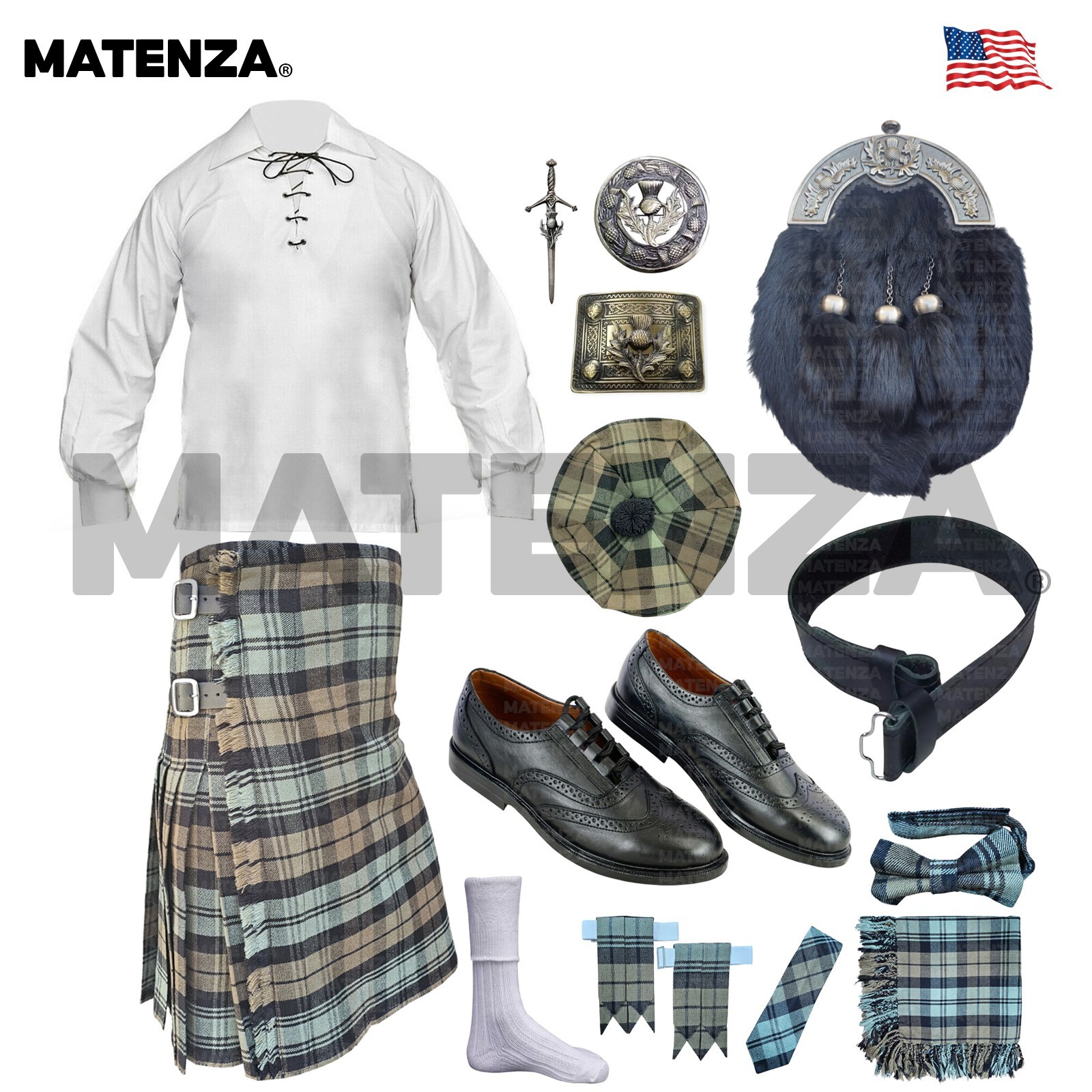 Black Watch Weathered Tartan 14pc Scottish Kilt Outfit Set 5 Yard Men