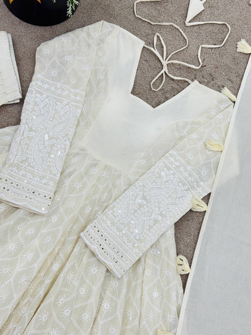 Beautiful Pure Kora Cotton Off White Gown Bottom With Dupatta For Party Wear