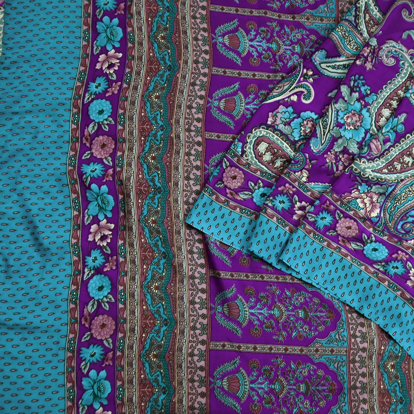 Indian Vintage Purple & Blue Moss Crepe Saree Printed Floral Sari Fabric 6 Yards
