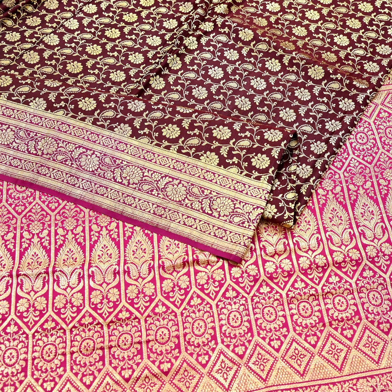 Vintage Sari Pink & Maroon Heavy Wedding Pure Satin Silk Banarasi Brocade Saree