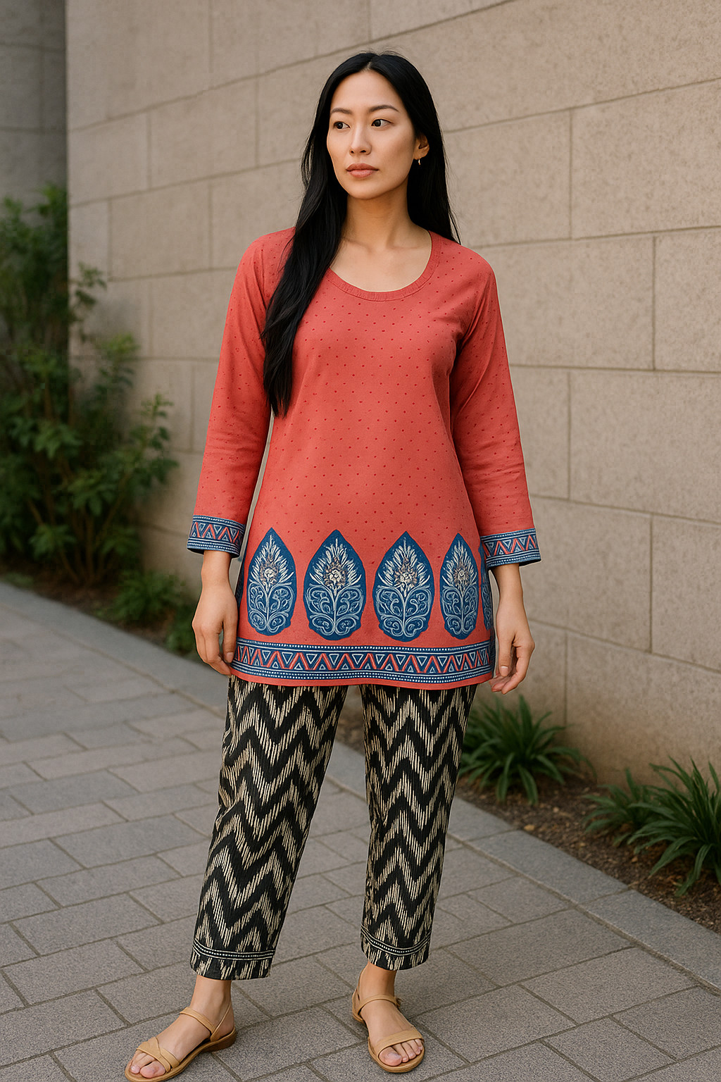 Tunic for Women Printed Short Crape Kurti Kurta Round Neck Long Sleeves 3005-L