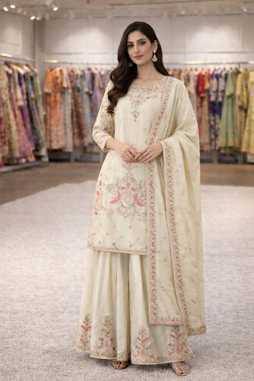 Eid Reception Party Wear Chinon Silk Sharara Plazzo Suit
