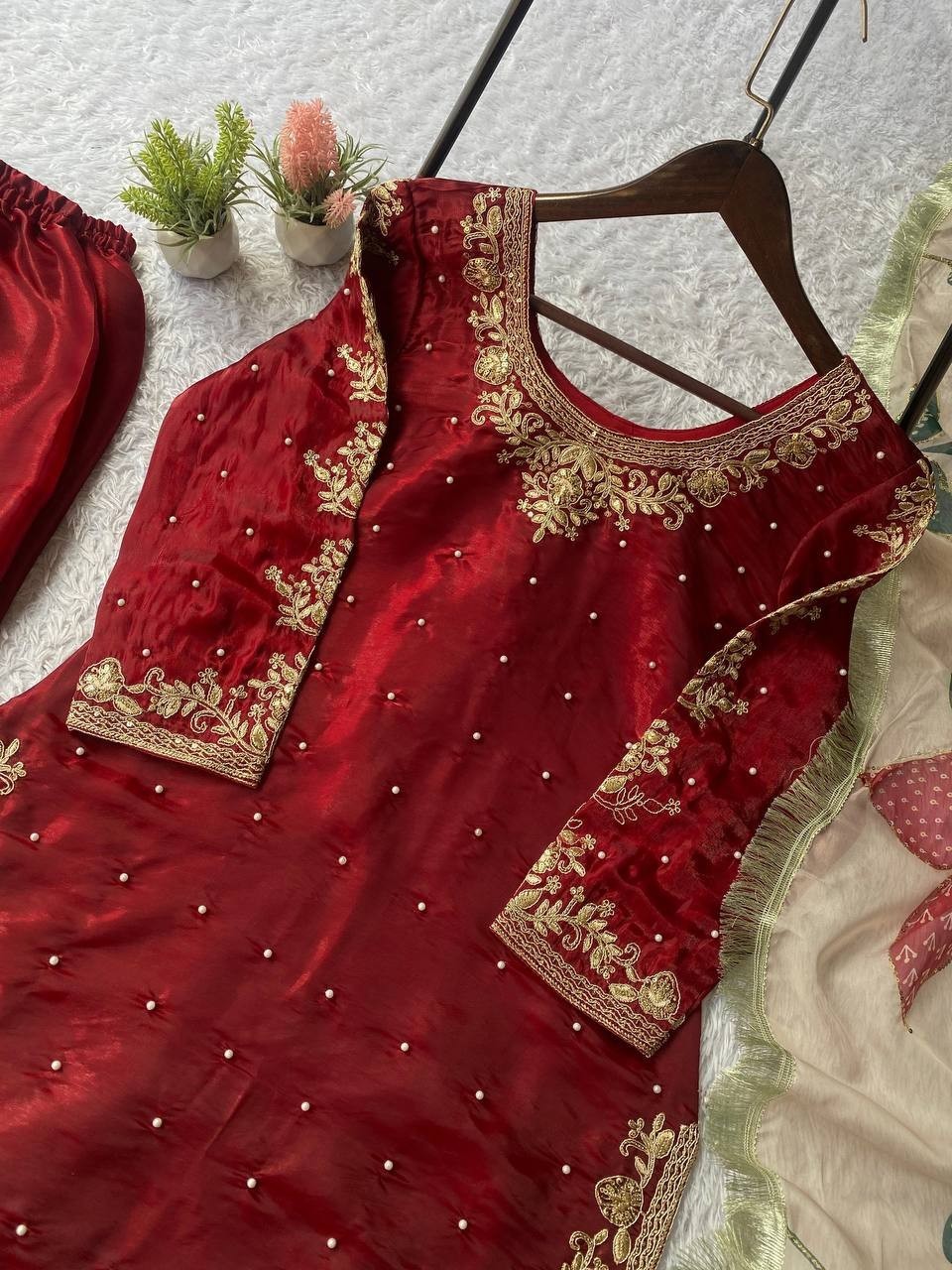 New Launch Heavy Fancy Silk Red Top Palazzo With Dupatta For Wedding Wear Bridal