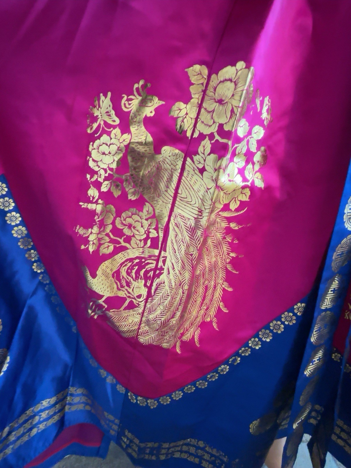Korean Hanbok Dress Womens Blue Pink Gold Accents Peacocks