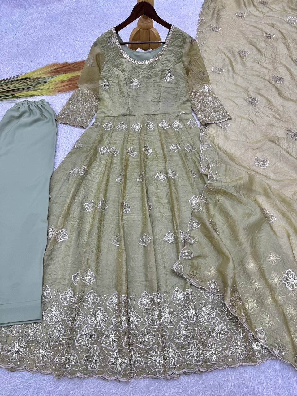 Beautiful Olive Green Gold Crush Silk Gown Bottom With Dupatta For Festival