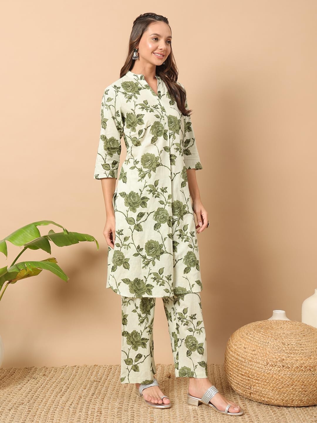 Women’s Pista Green Cotton Straight Kurta with Pant Co-ord Set