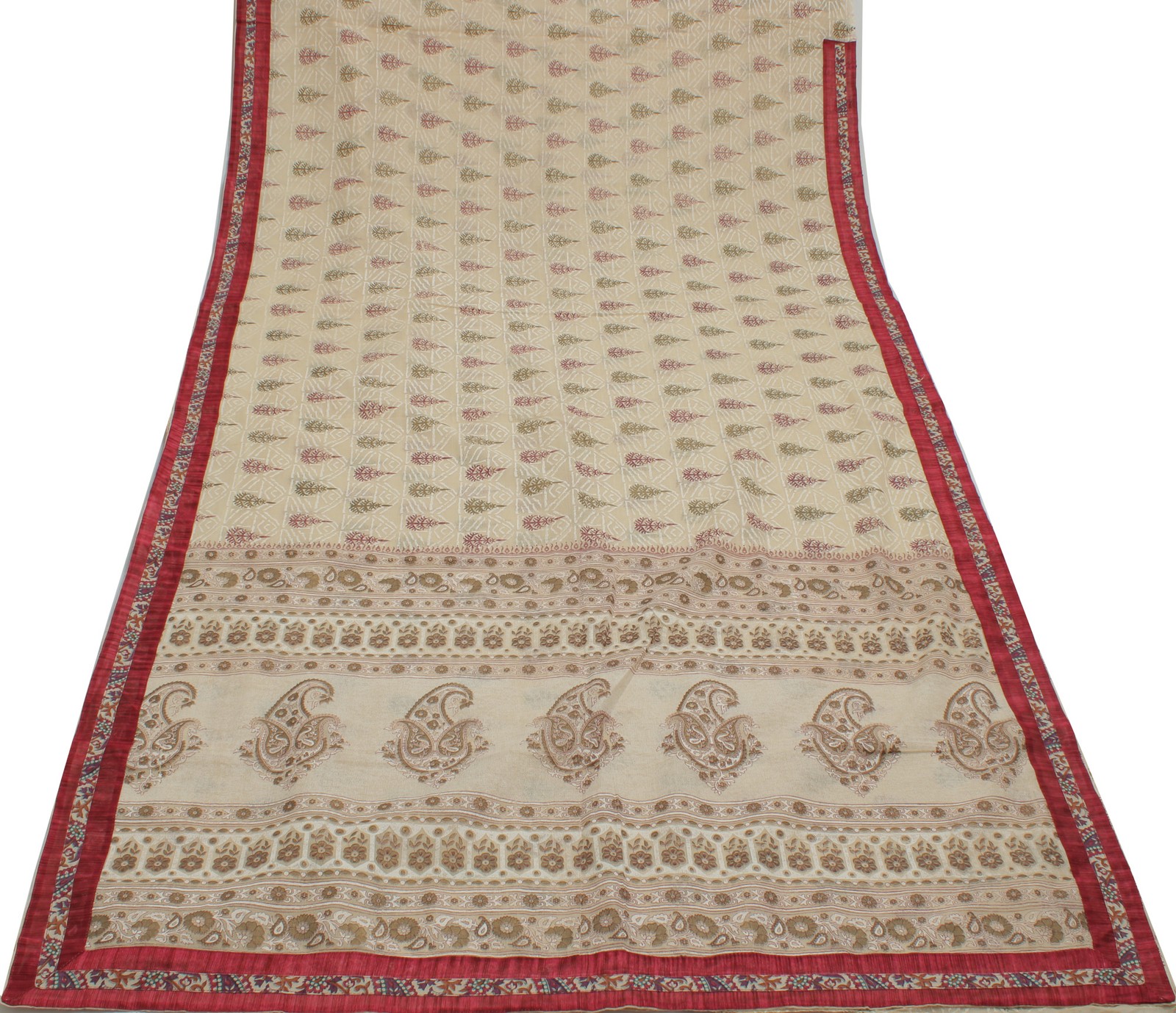 Sushila Vintage Cream Saree Blend Cotton Printed Floral Soft Craft Sheer Fabric