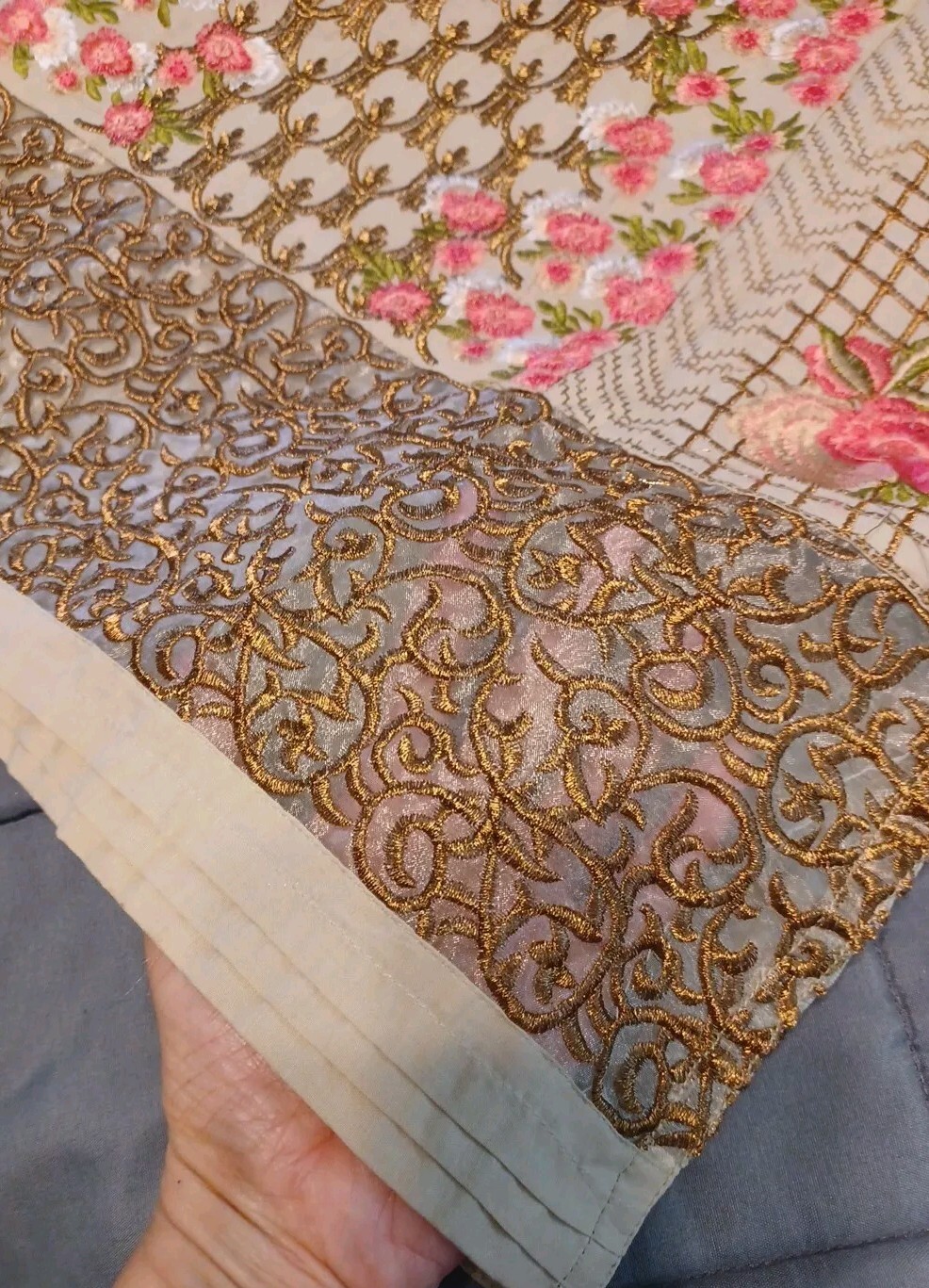 Eid Pakistani Indian Embroidered 3 Piece Dress Cotton Biege Chiffon Dupata