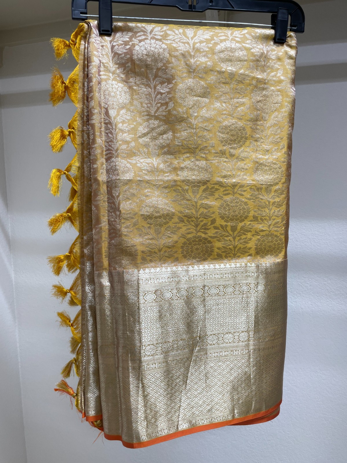 brocade banarasi double border mustard gold saree