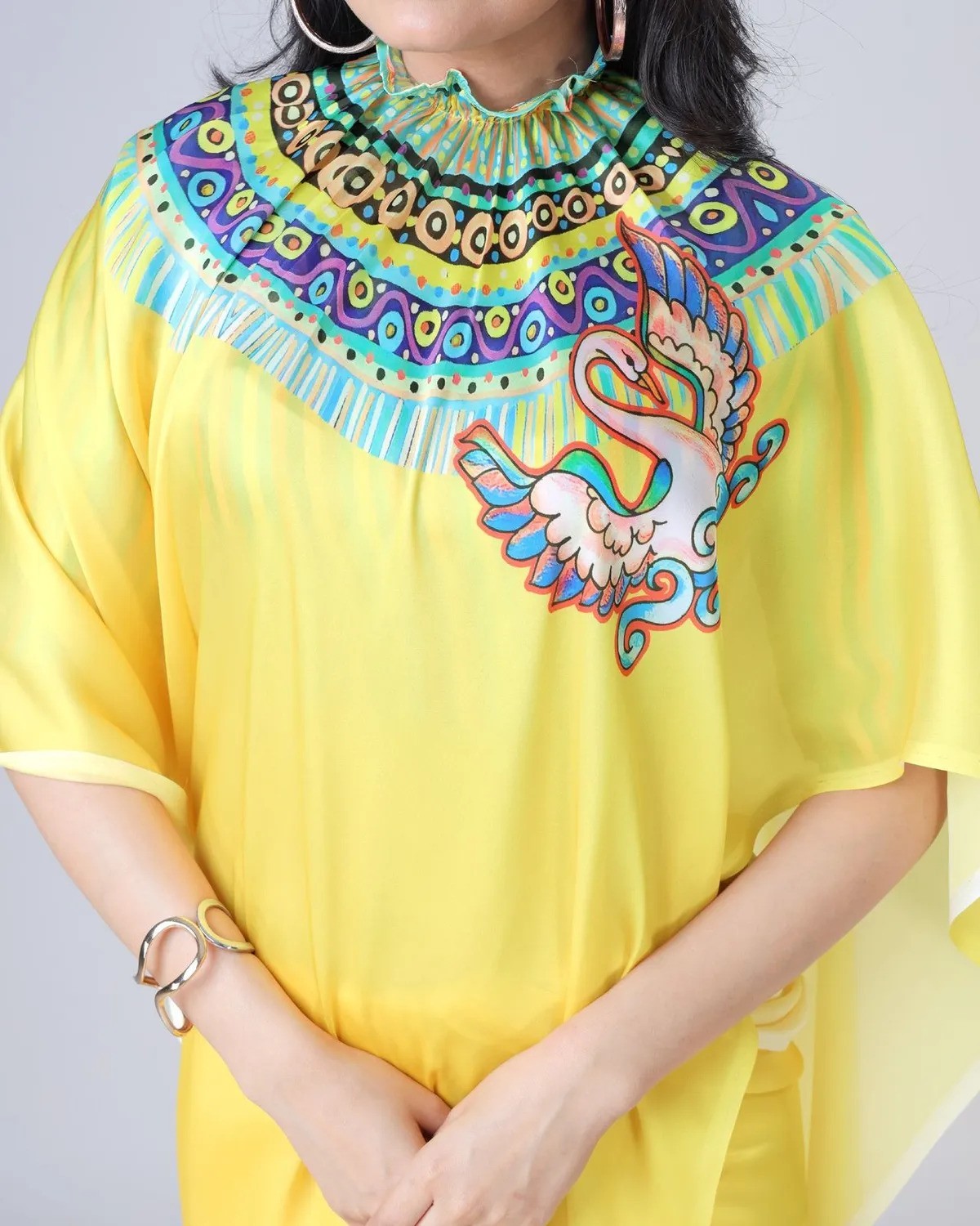 Women Yellow Free Hand Mandala Art Print Satin Silk Saree with Unstitched Blouse