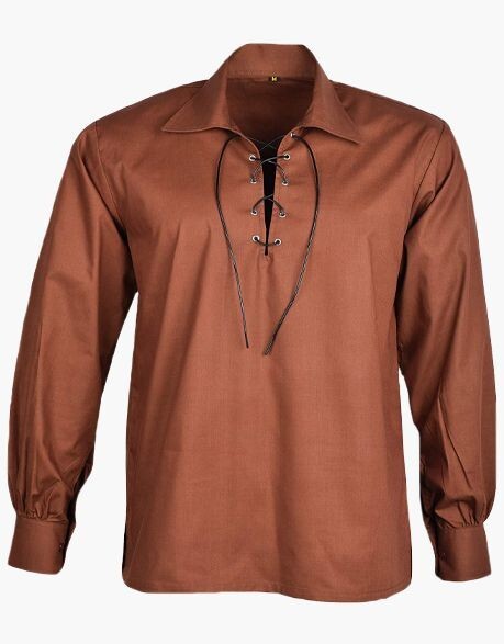 Men’s Brown Scottish Jacobite Ghillie Kilt Highland Shirt Long Sleeve Lace Up