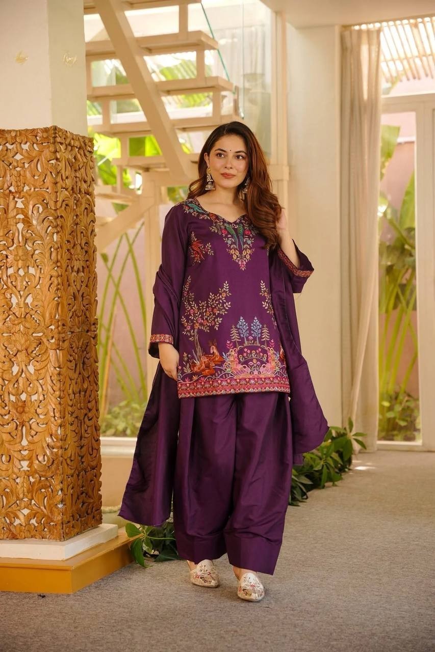 New Launching Heavy Reyon Wine Top Palazzo With Dupatta For Festival Wear