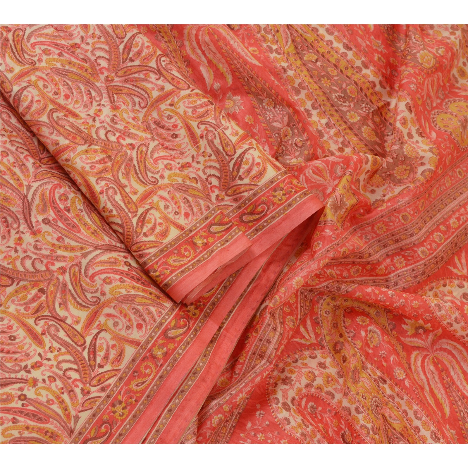 Sanskriti Vintage Saree Blush-Pink Art Silk Paisley Print Sari Fabric 5 Yard DIY