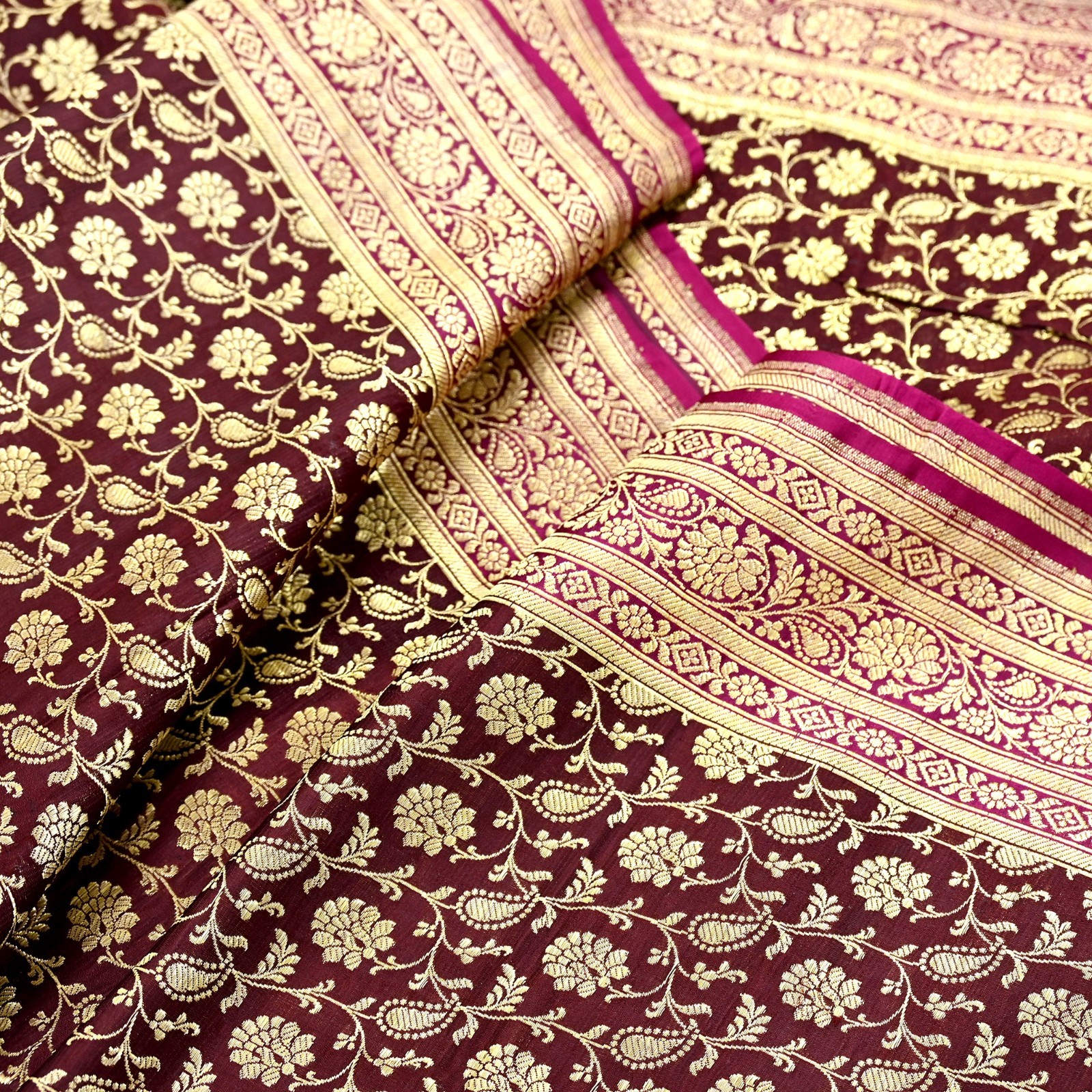 Vintage Sari Pink & Maroon Heavy Wedding Pure Satin Silk Banarasi Brocade Saree