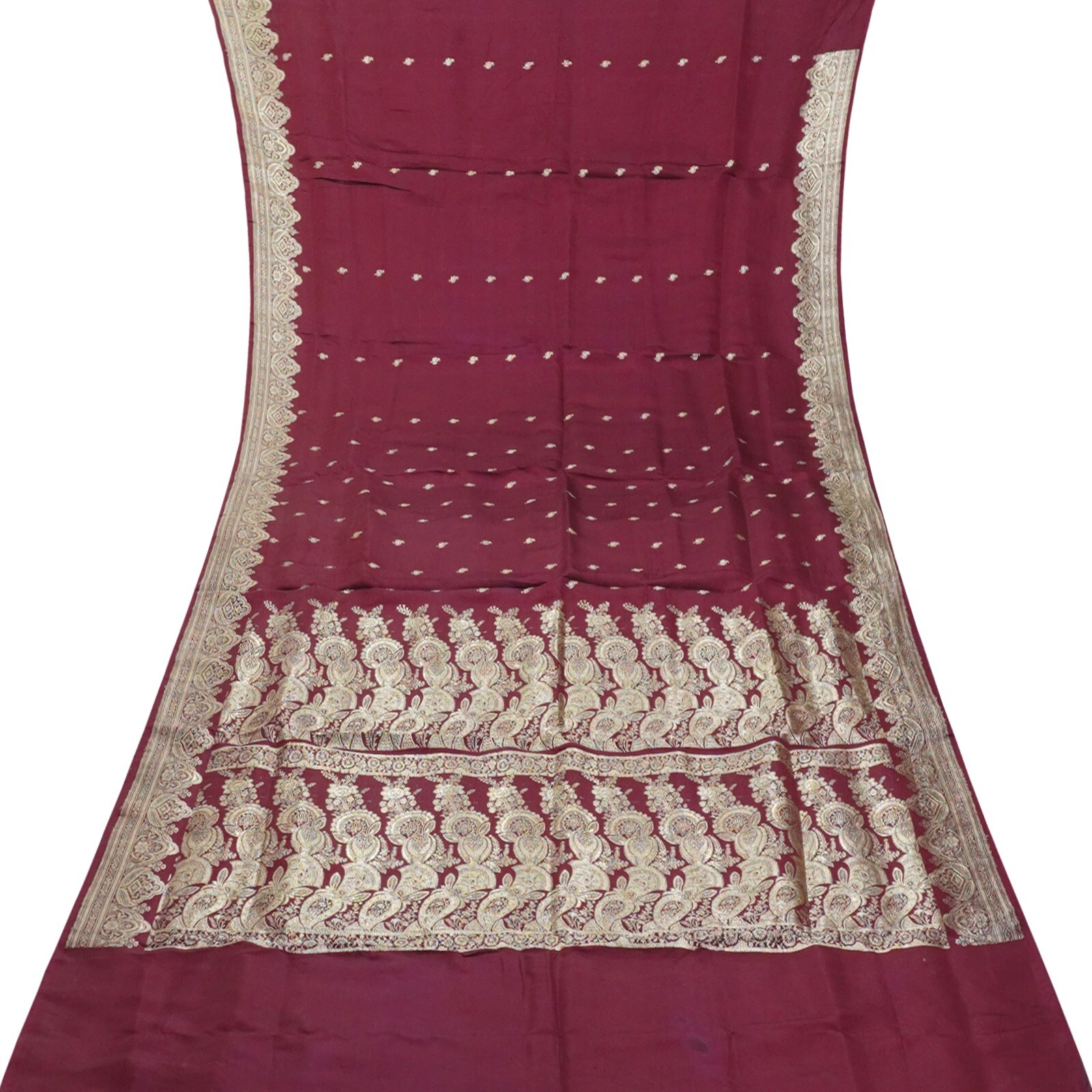 Vintage Maroon Saree 100% Pure Silk Banarasi Brocade Heavy Sari 5YD Craft Fabric