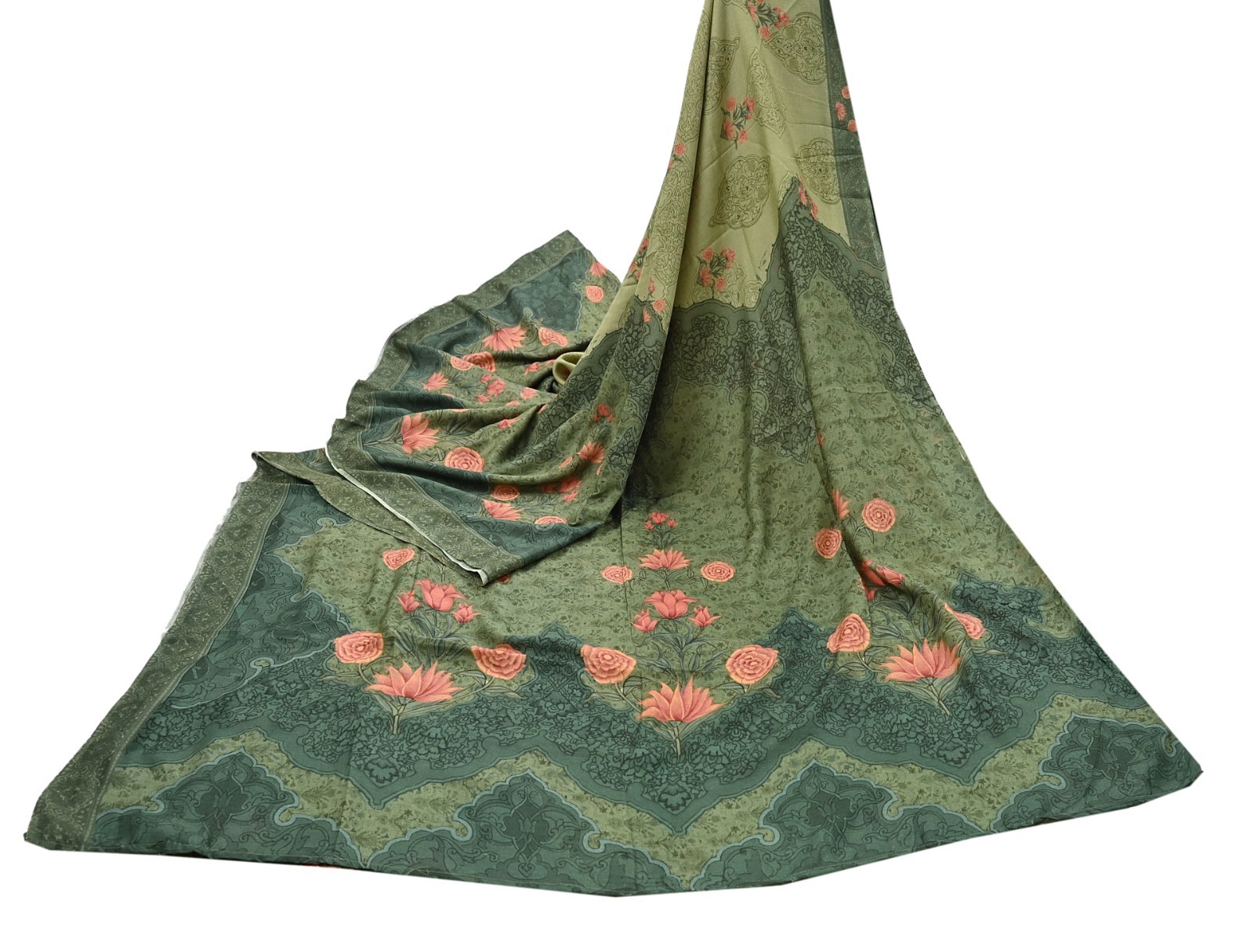 Indian Vintage Sari Green Blend Silk Woven Digital Printed Saree Craft Fabric 5y