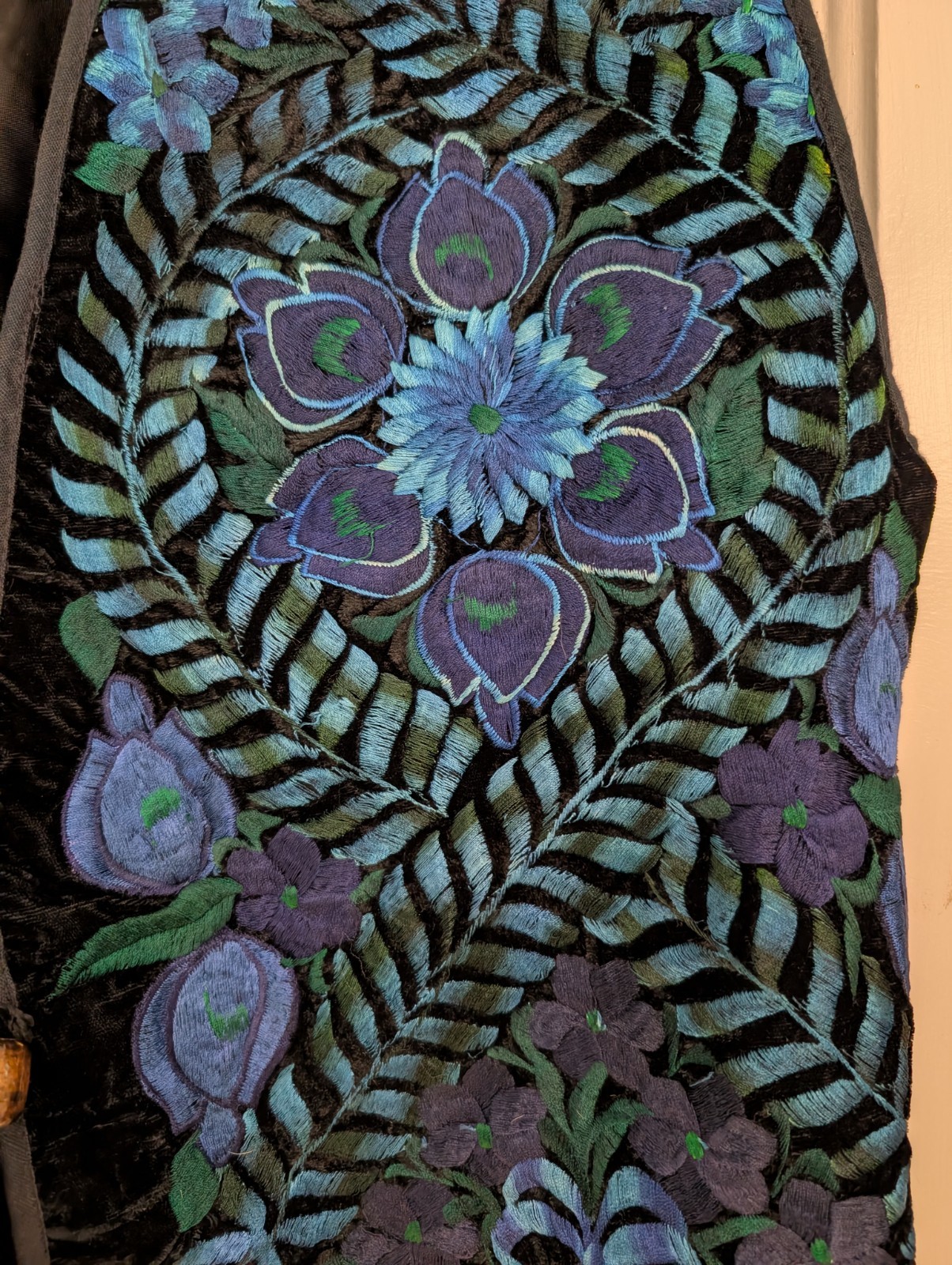 Guatemalan Embroidered Huipil Vest Blue Green Purple Floral Velvet W Buttons