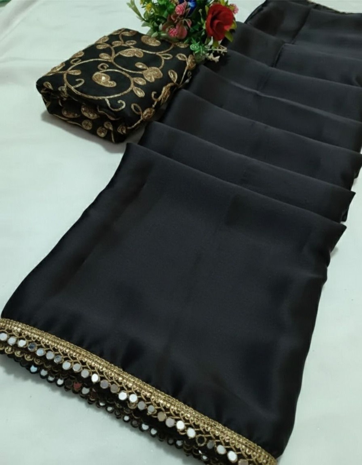 Embroidered Satin, Silk Blend Saree With Stitched Blouse (black)
