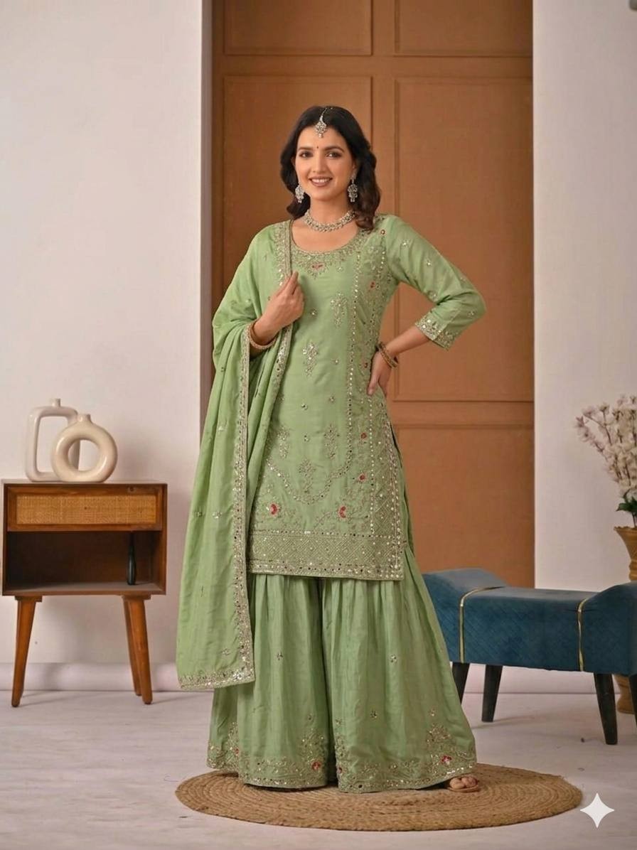 Designer Natural Crep Pista Green Top Palazzo With Dupatta For Women & Girls