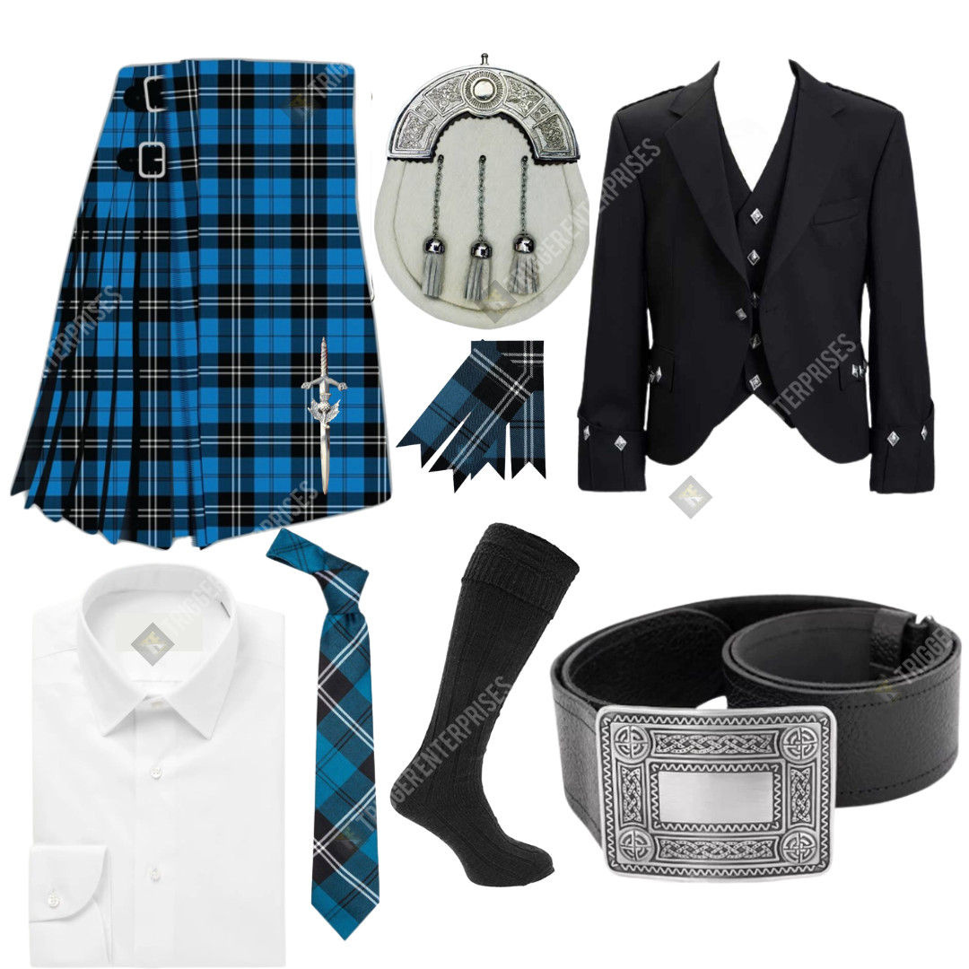 Handmade Ramsay Blue Tartan Kilt Outfit for Men with Jacket & Waistcoat All Size