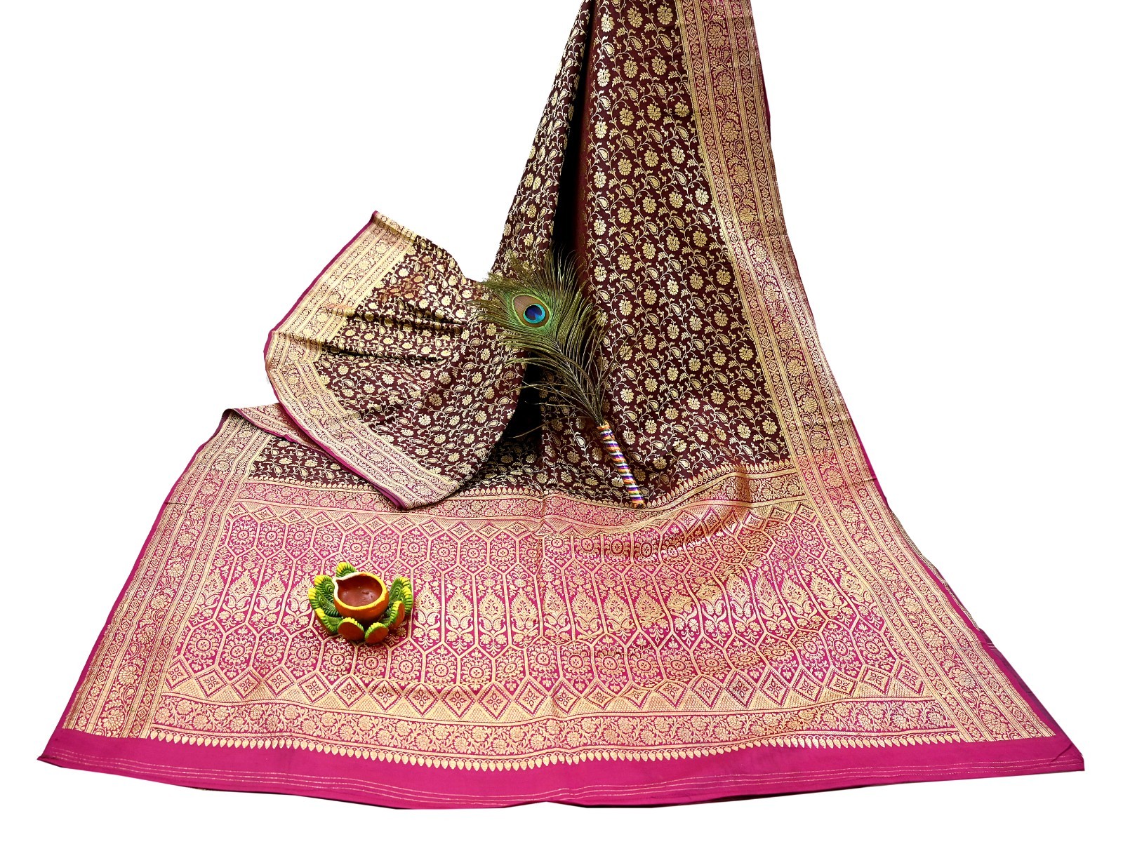Vintage Sari Pink & Maroon Heavy Wedding Pure Satin Silk Banarasi Brocade Saree