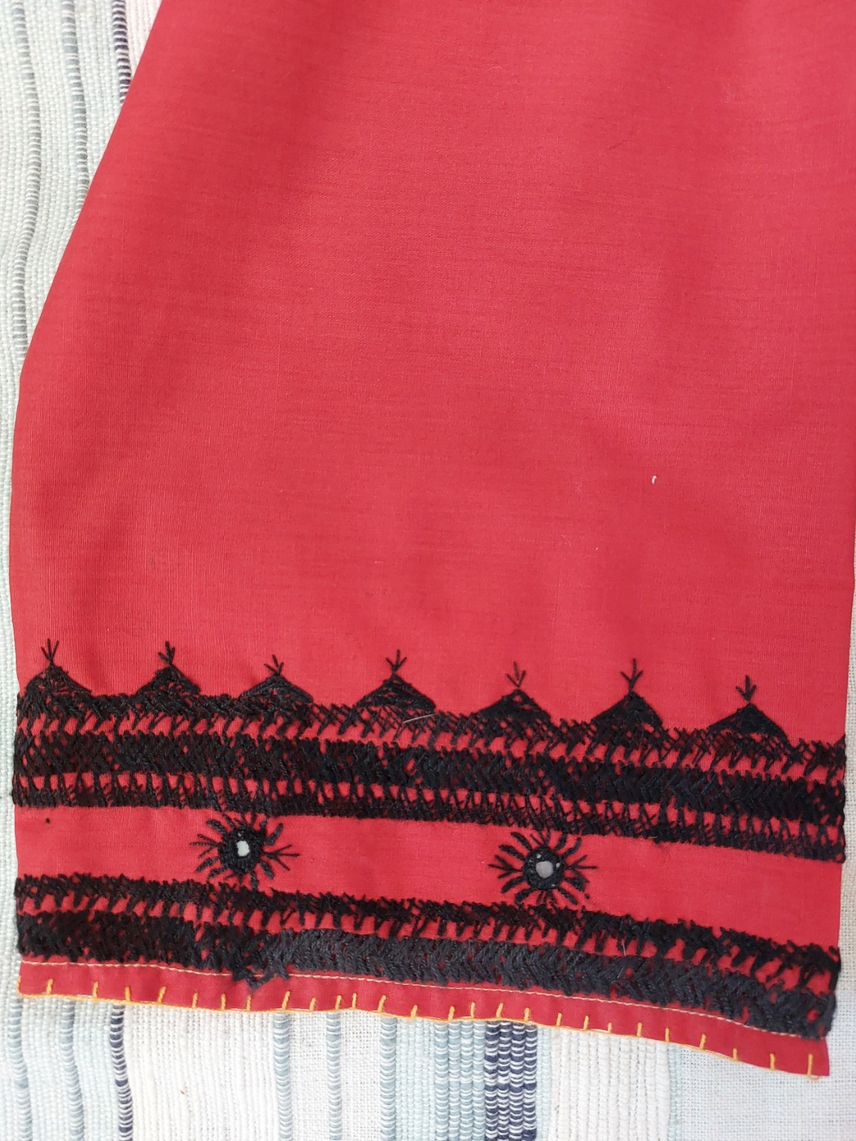 Boho Embroidered Tunic Dress Red/Black Kurta Tassel Folk Long Sleeve, S/M