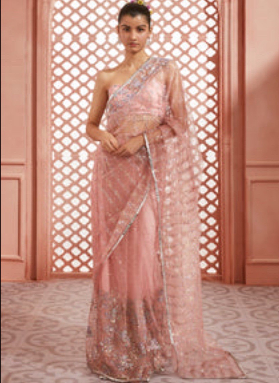 Lashkaraa Light Pink Sequins Embellished Net Saree Size XSmall (34)