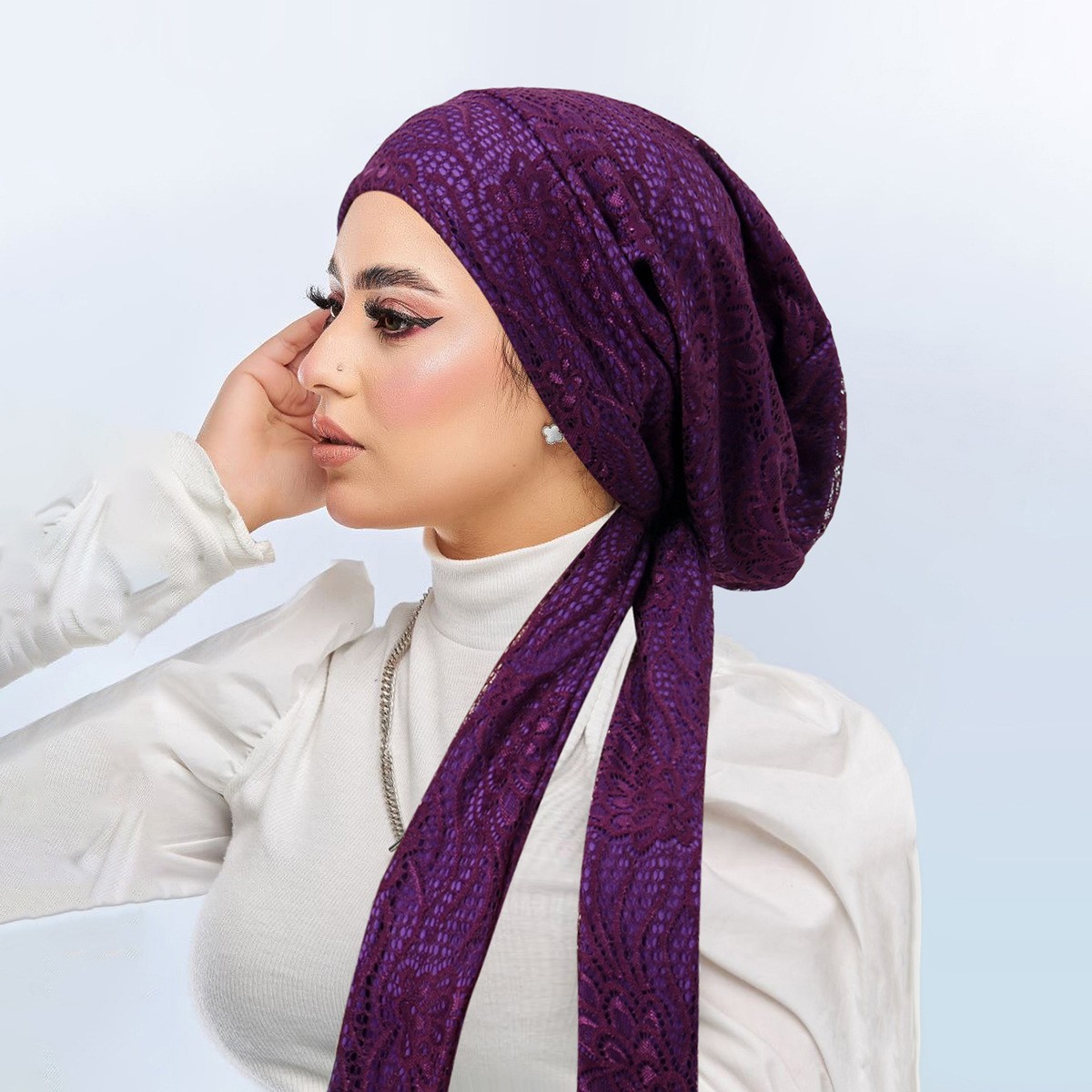 Muslim Women Bonnet Cap Head Wrap Lace Crinkle Long Tail Pre-Tied Turban Hijabs