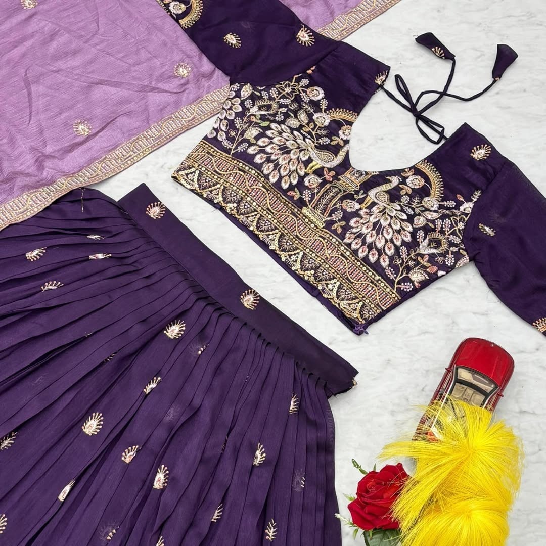 Purple Peacock Embroidered Lehenga Choli Set with Lavender Dupatta Fully Stitche