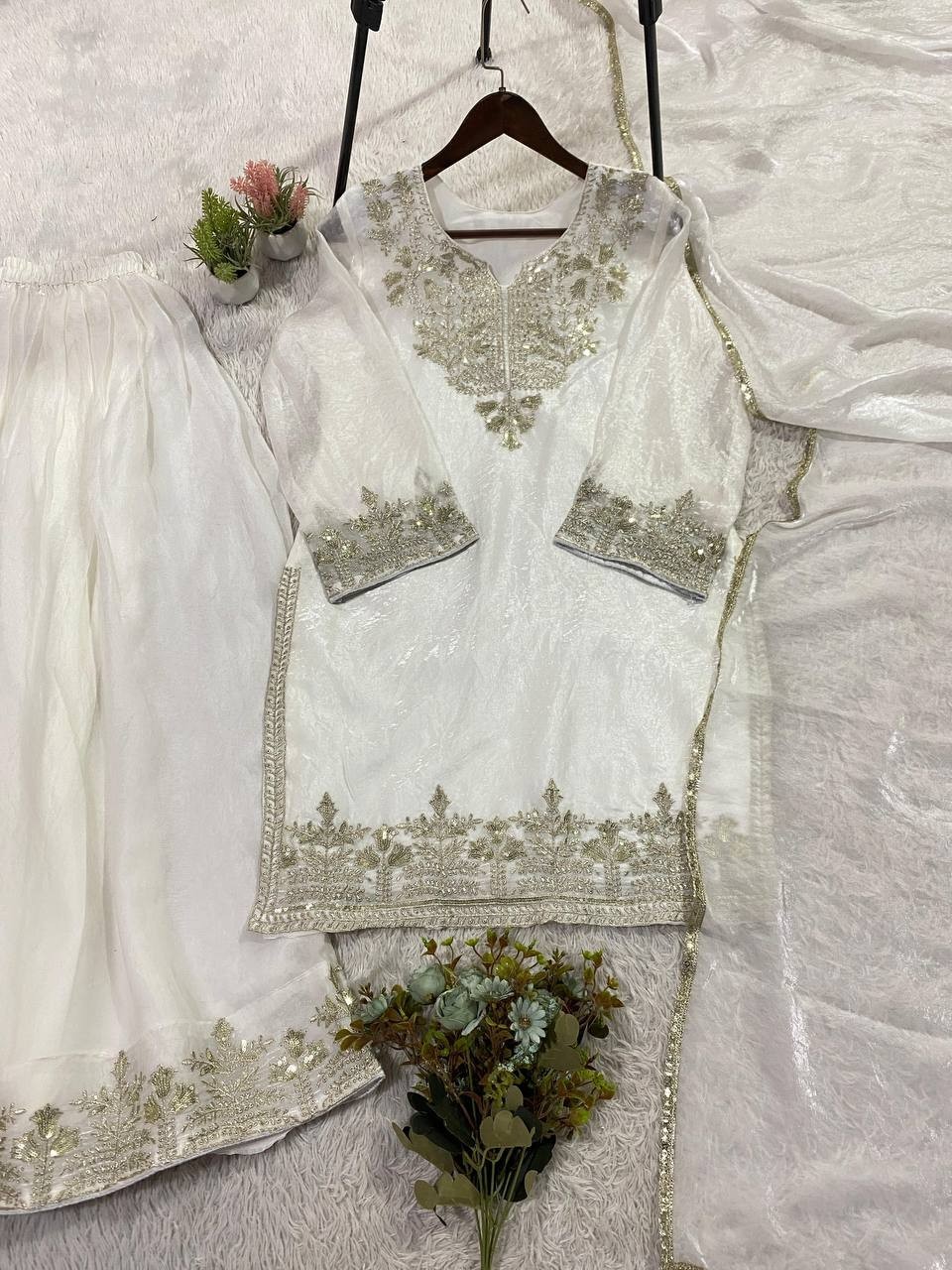 Premium Designer White Silk Kurta Palazzo With Dupatta For Women & Girls