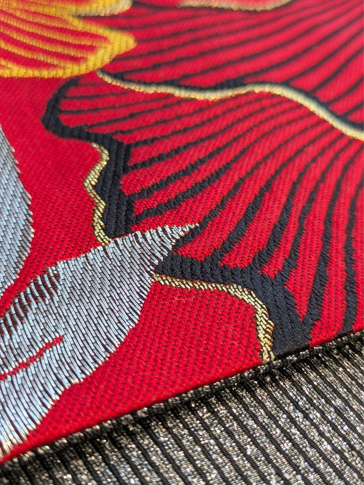 Authentic Japanese Kimono Silk Furisode Obi Red Gold Silver Floral Textile Art