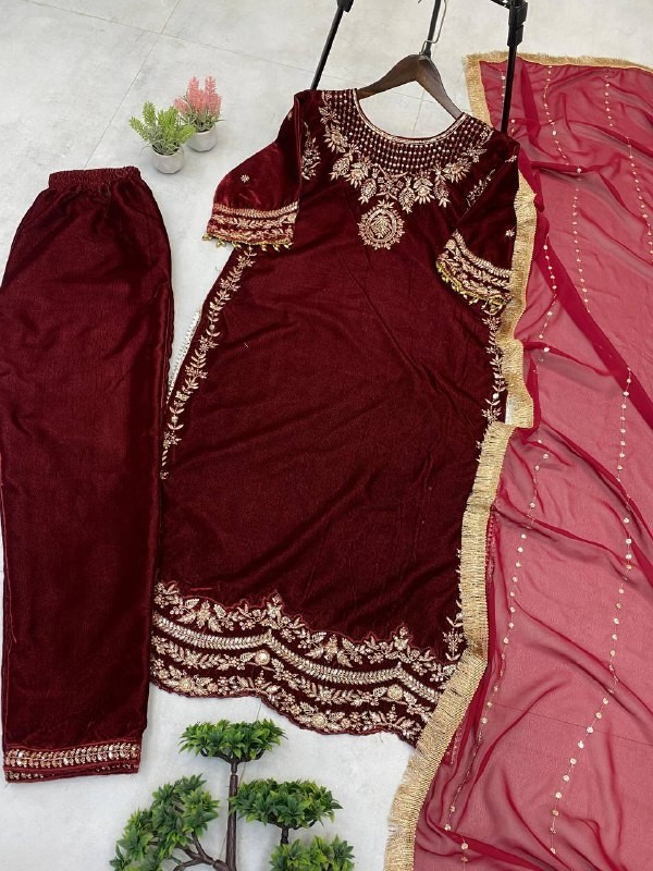 Stunning Maroon Velvet Salwar Kameez With Dupatta For Traditional Wear