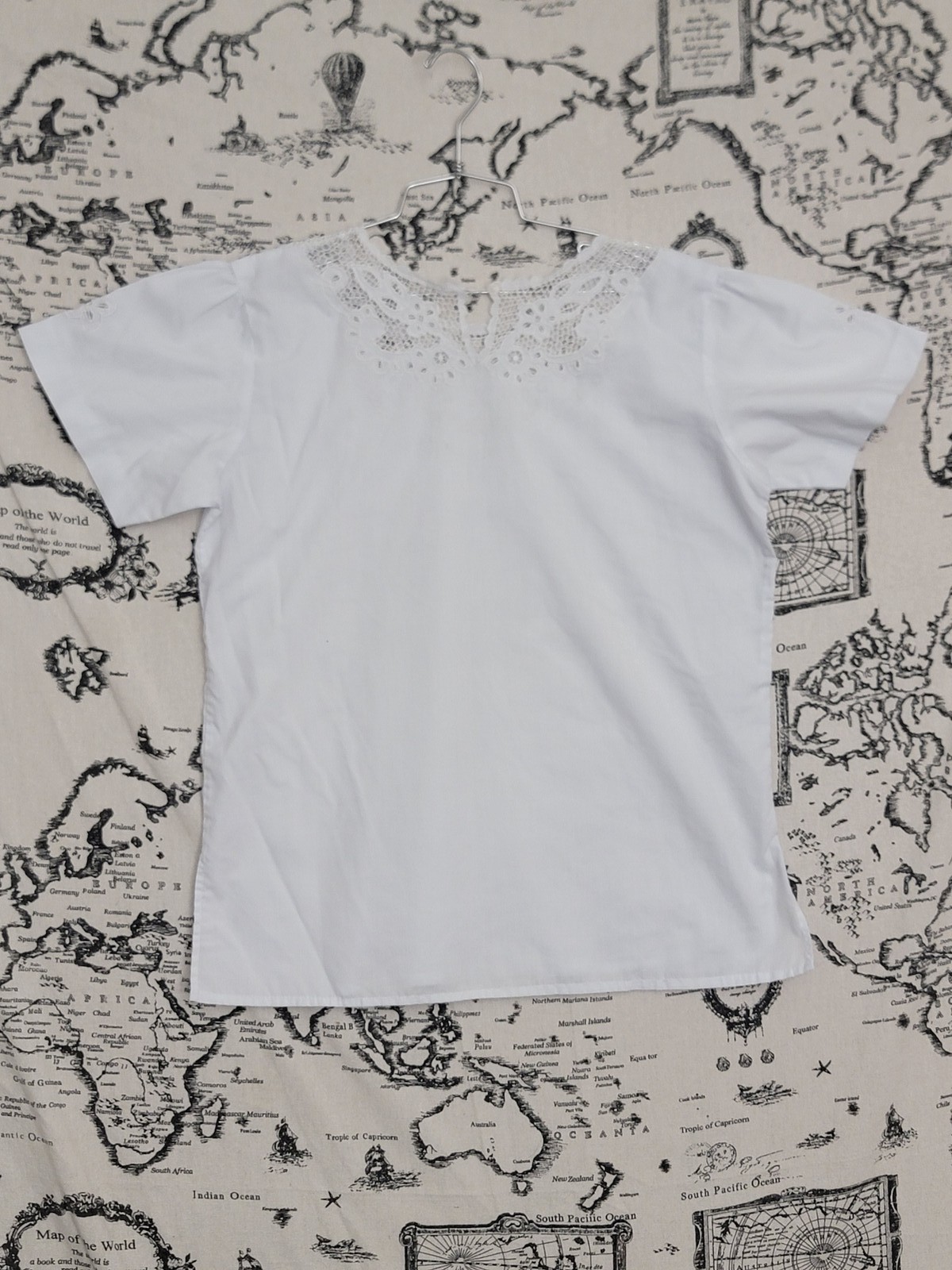 White Short Sleeve Blouse Lace Collar Button Closure Women’s Top