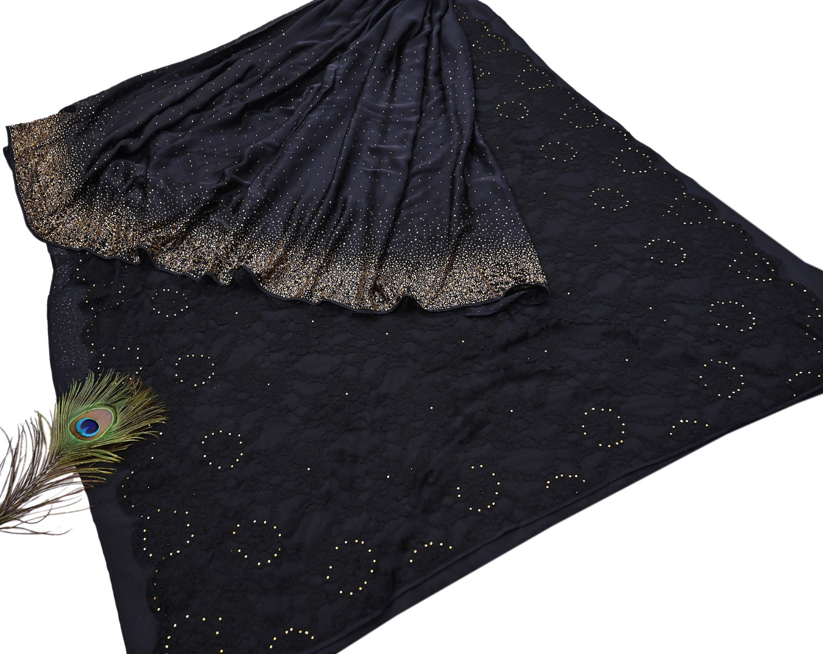 Rare Vintage Black Net Pure Satin Silk Saree Hand Embroidered Fabric 5 Yards Sa