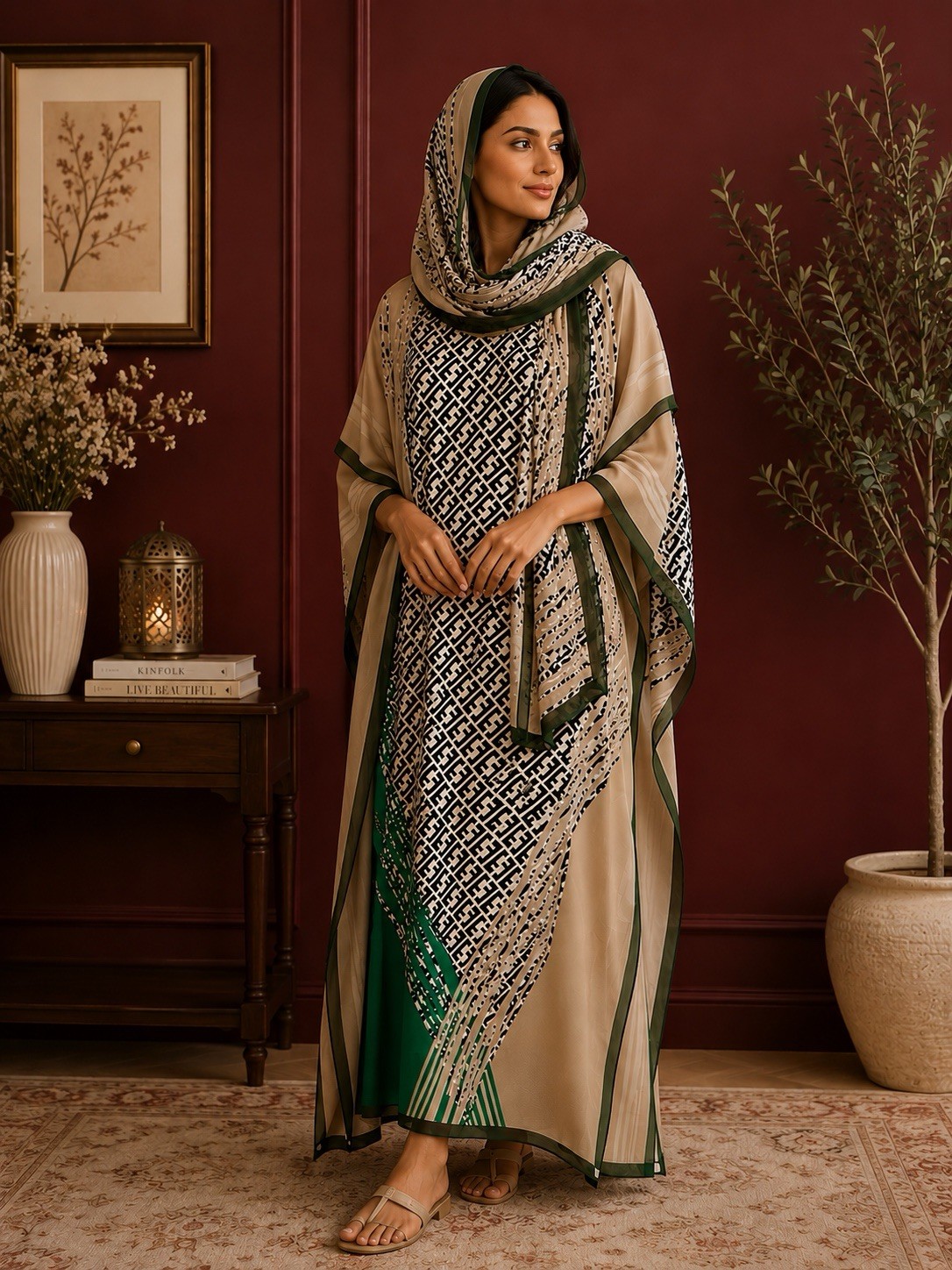 Long silky satin slip Kaftan Dress Geometric with scarf Boat Neck One Size