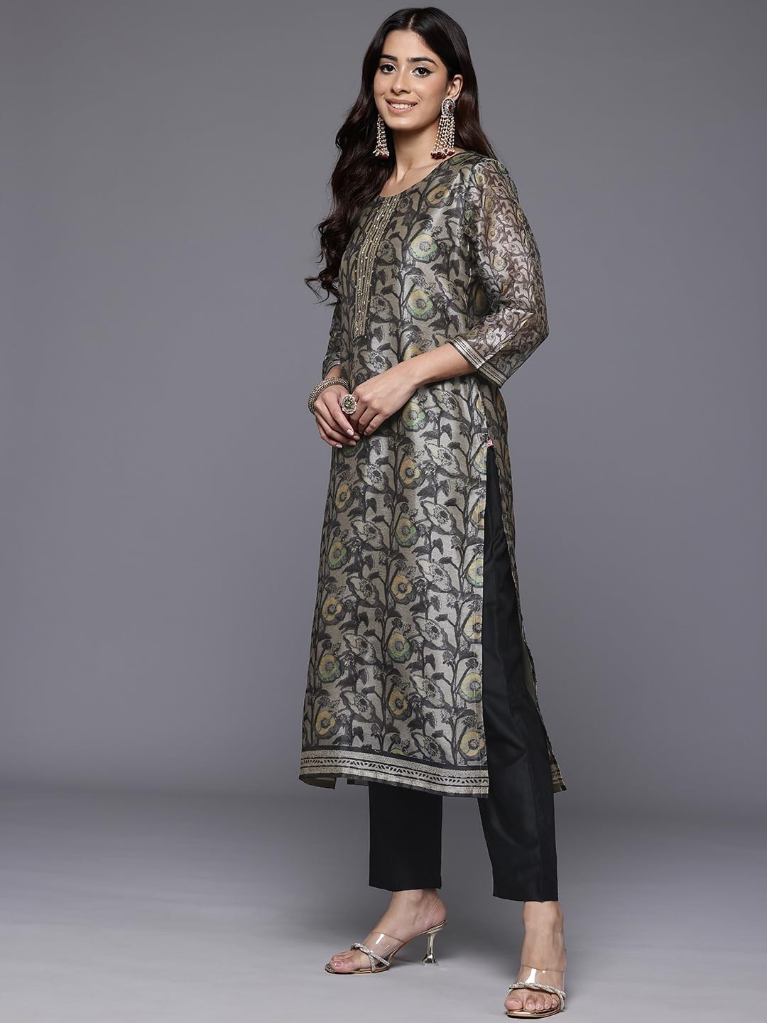 Women’s Silk Blend Floral Printed Kurta Set with Bottom and Printed Dupatta