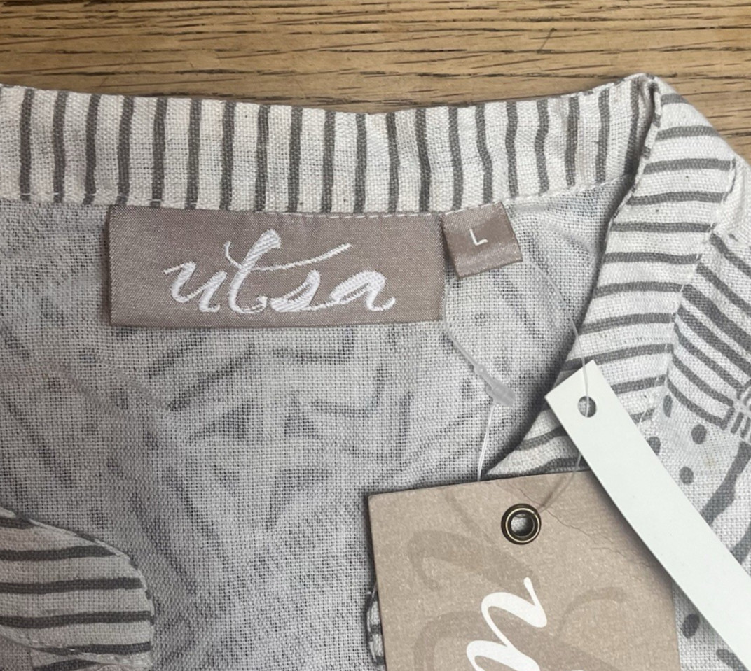 Utsa Tunic Dress Kurta Cotton Linen Blend Button Down Print Geometric Large 96cm