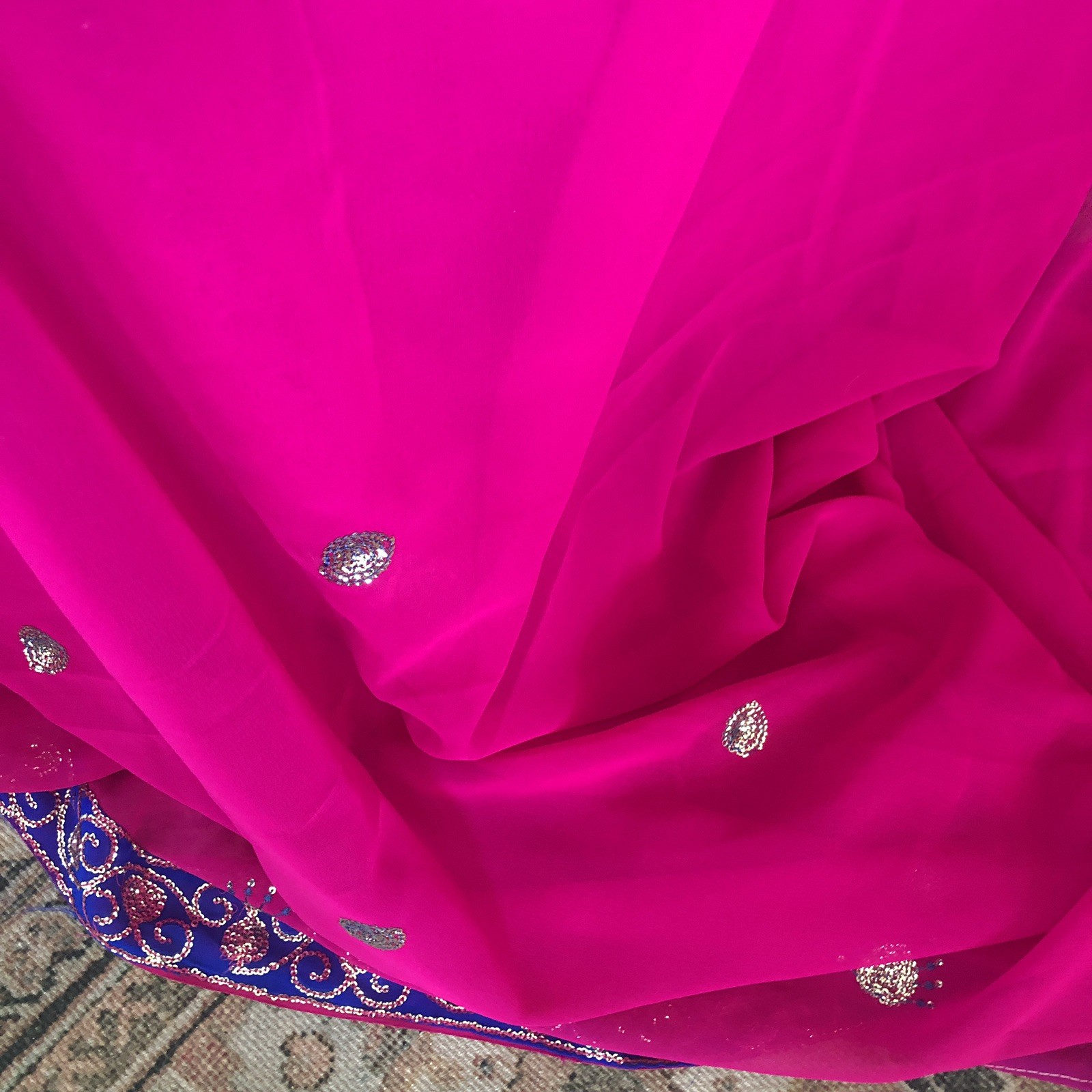 Saree Sari Metallic Sequined Embroidered Floral Scarf Fuchsia Pink Costume 6 Yd