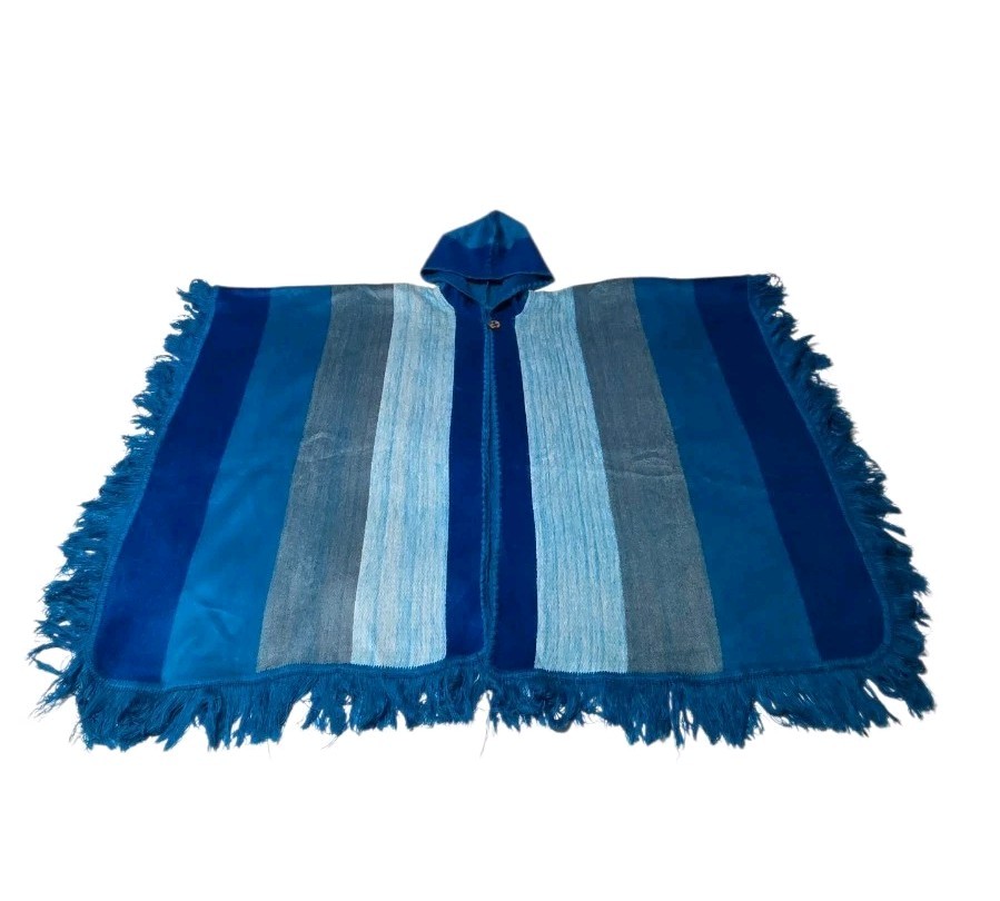 Alpaca Wool Bohemian Unisex Poncho Shades Of Blue Hooded Hand Woven From Ecuador