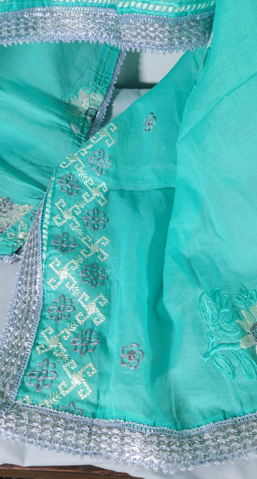 Vintage Aqua, Lavender And White Embroidered Indian Sari