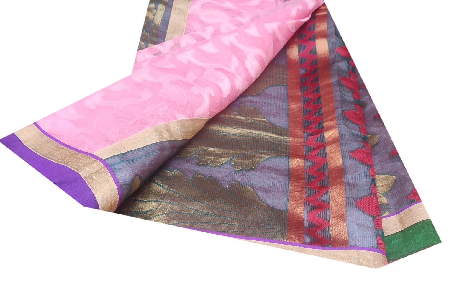 Vintage Pink Indian Saree Cotton Doria Woven Used 5 Yard Sari Craft Fabric 1883
