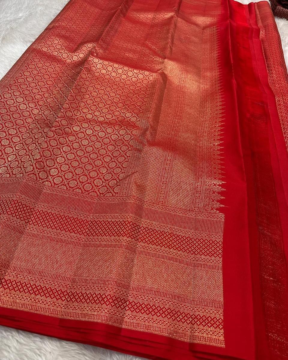 Regal Red Soft Silk Saree with All-Over Golden Zari Design ✨