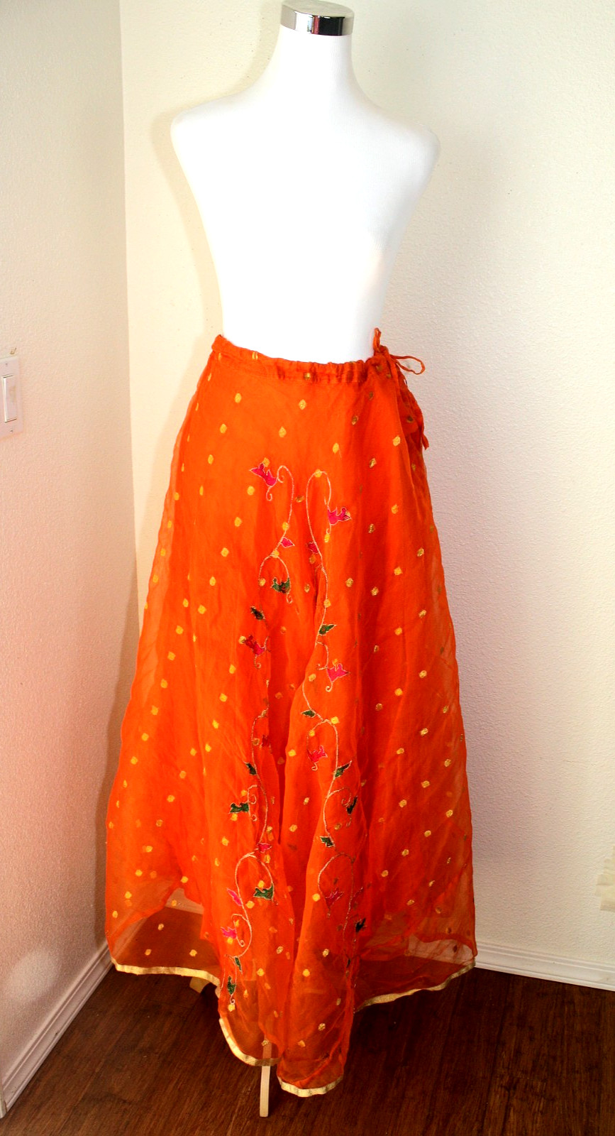 Ethnic India Hippie BOHO Skirt M Orange Organza Golden Polka Dot Embroidered #03