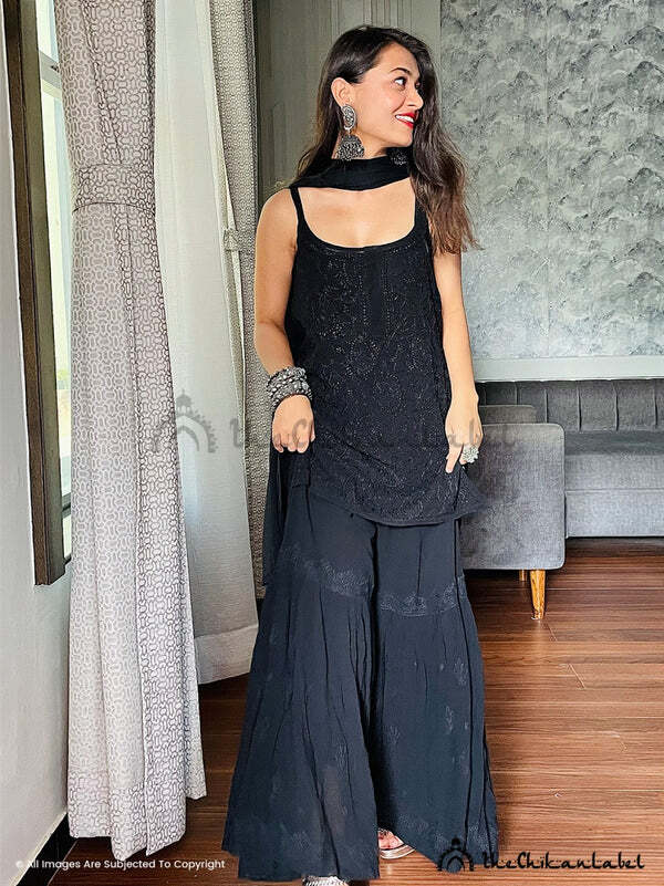 Black Jia Viscose Chikankari Strappy Kurta Set Lucknow Chikankari Handmade Set