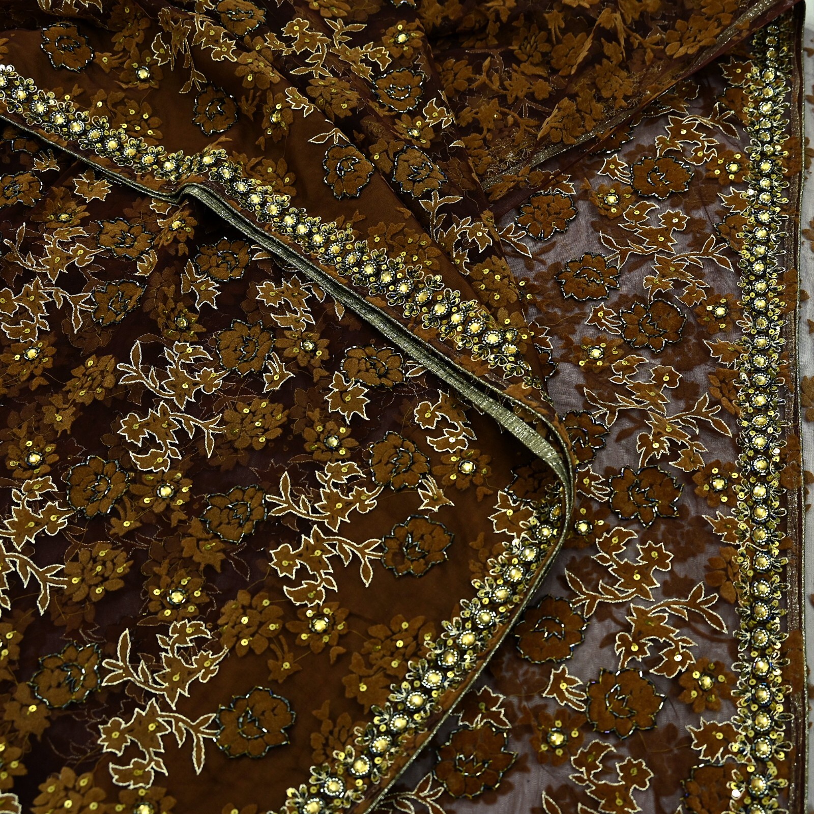 Vintage Heavy Coffee Brown Saree Net/Mesh Hand Beaded Sari Fabric 5Yd Sewing