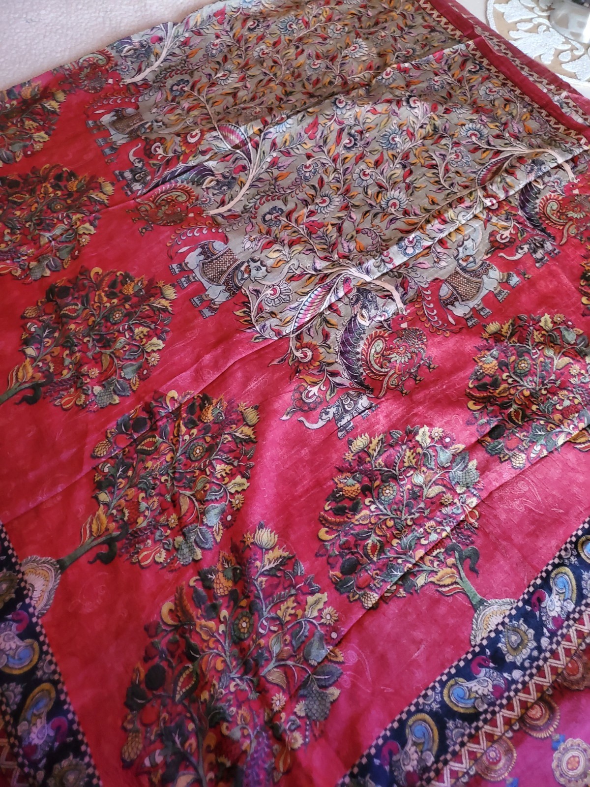 Womwn Pure Tussar Silk Digital Print Kalamkari Saree Handloom Festive Royal