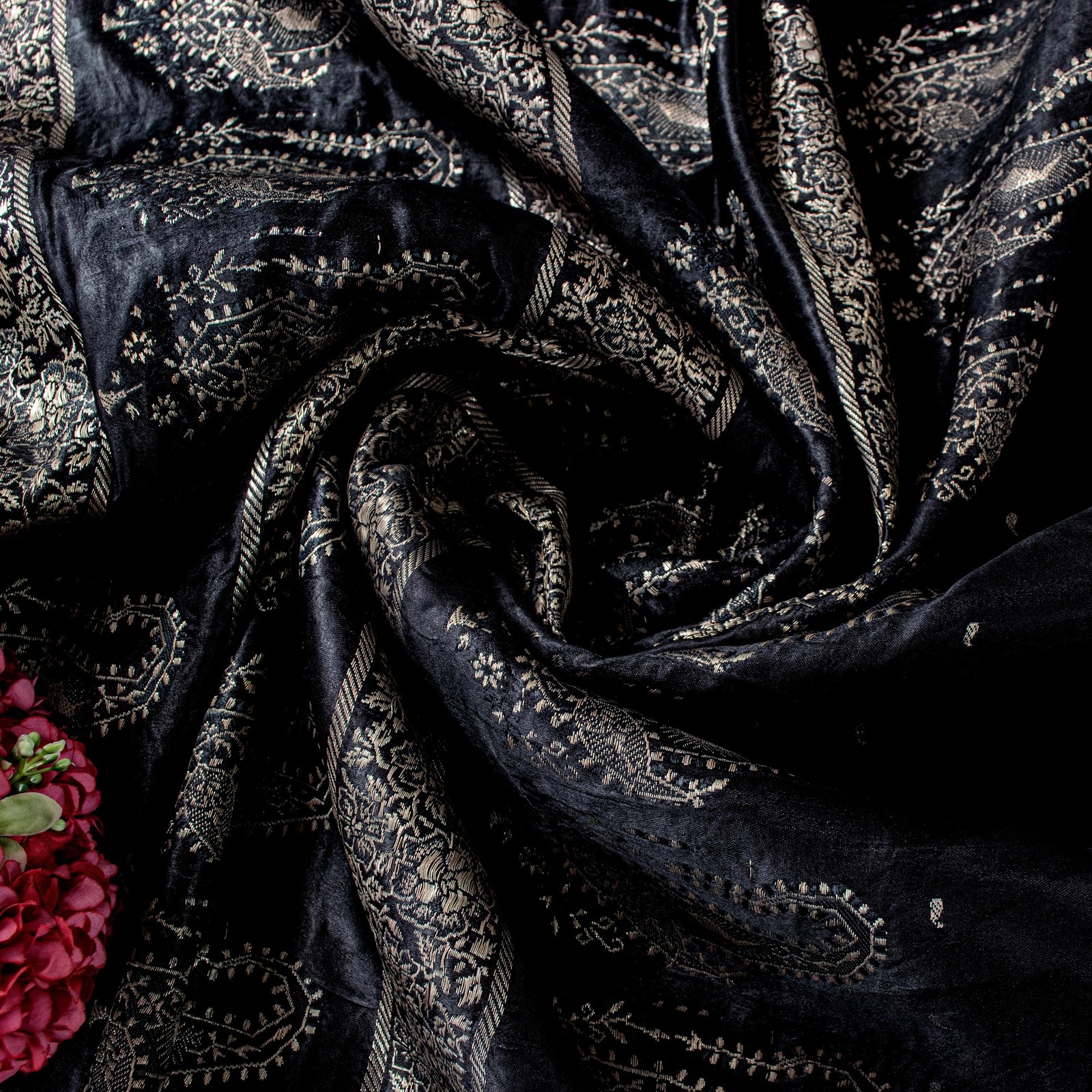 Sanskriti Vintage Black Pure Satin Sarees Banarasi Brocade Zari Hand-Woven 5 Yd
